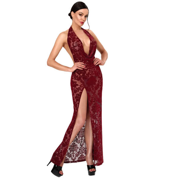 Rode Mesh Maxi Jurk Cascade met Flockprint F424 - Noir Handmade Front