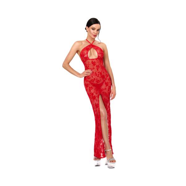 Rode Mesh Maxi Jurk met Flockprint F418 Plaything - Noir Handmade BLUR