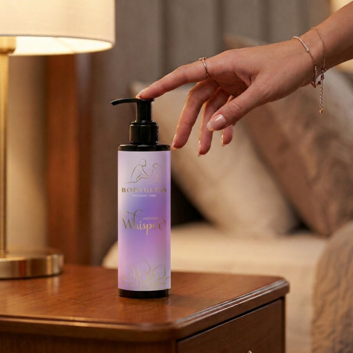 Lavender Whisper Massageolie & Glijmiddel met Lavendel 150 ml – BodyGliss met dames hand op nachtkastje