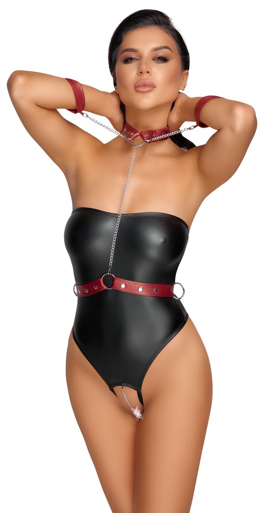 Cottelli Collection - Bondage Body - Kruisloos - Collar - Handboeien - Wetlook - Zwart - Afbeelding 3