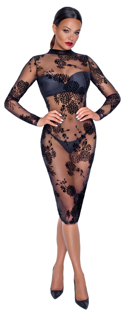 Noir Handmade - Midi Jurk - Gaas - Flockprint - Lange Mouwen - Zwart - Afbeelding 2