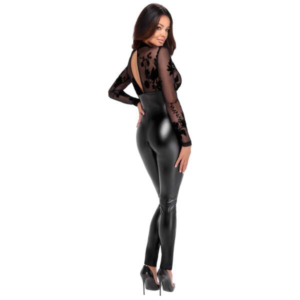 Noir Handmade - Catsuit - Gaas Top met Flockprint - Wetlook - Zwart - Afbeelding 2