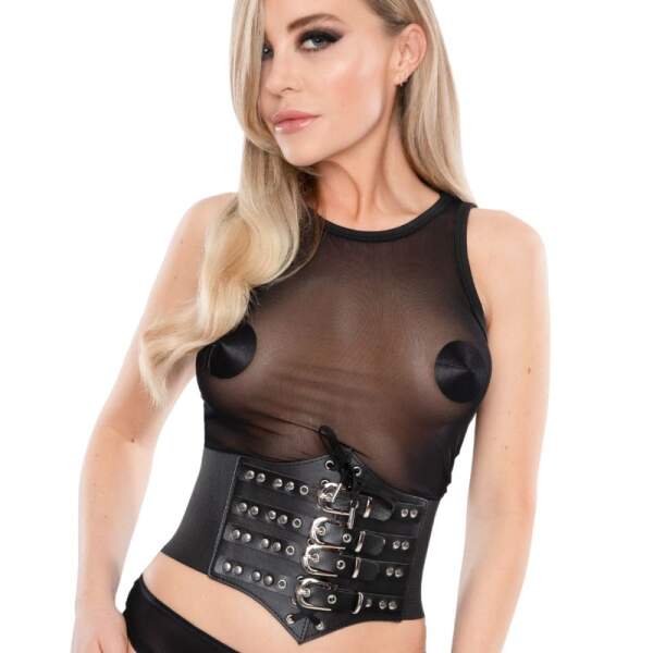 Kinky Diva - Waist Cincher - Underbuste Corset - 4 Gespen - Elastisch - PU-leer - Zwart - Afbeelding 4