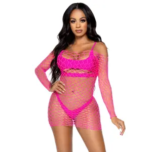 Leg Avenue - Bodystocking Jurkje - Visnet - Neon Roze