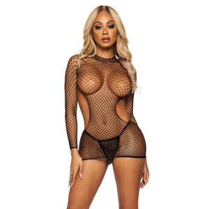Leg Avenue - Mini Visnet Jurk - Uitgesneden Taille - Lange Mouw - Zwart