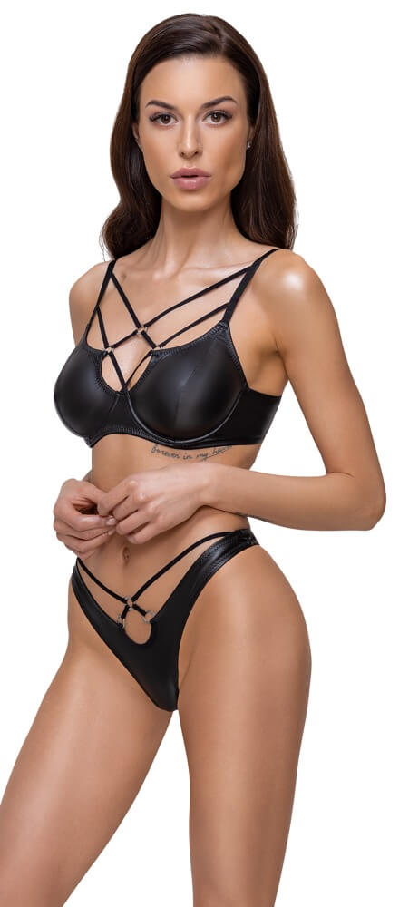 Cottelli Collection - Cross - Lingerie Set - BH met String - Wetlook - Zwart