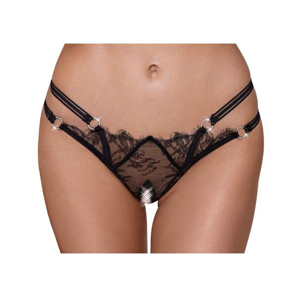 Cottelli Collection - String - Open Kruis - Dubbele Straps - Strass - Kant - Zwart