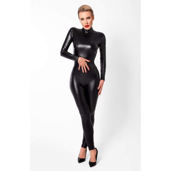 Noir Handmade - F319 Caged - Catsuit - Ritsen over Borst - Lange Mouw - Wetlook - Zwart - Afbeelding 4