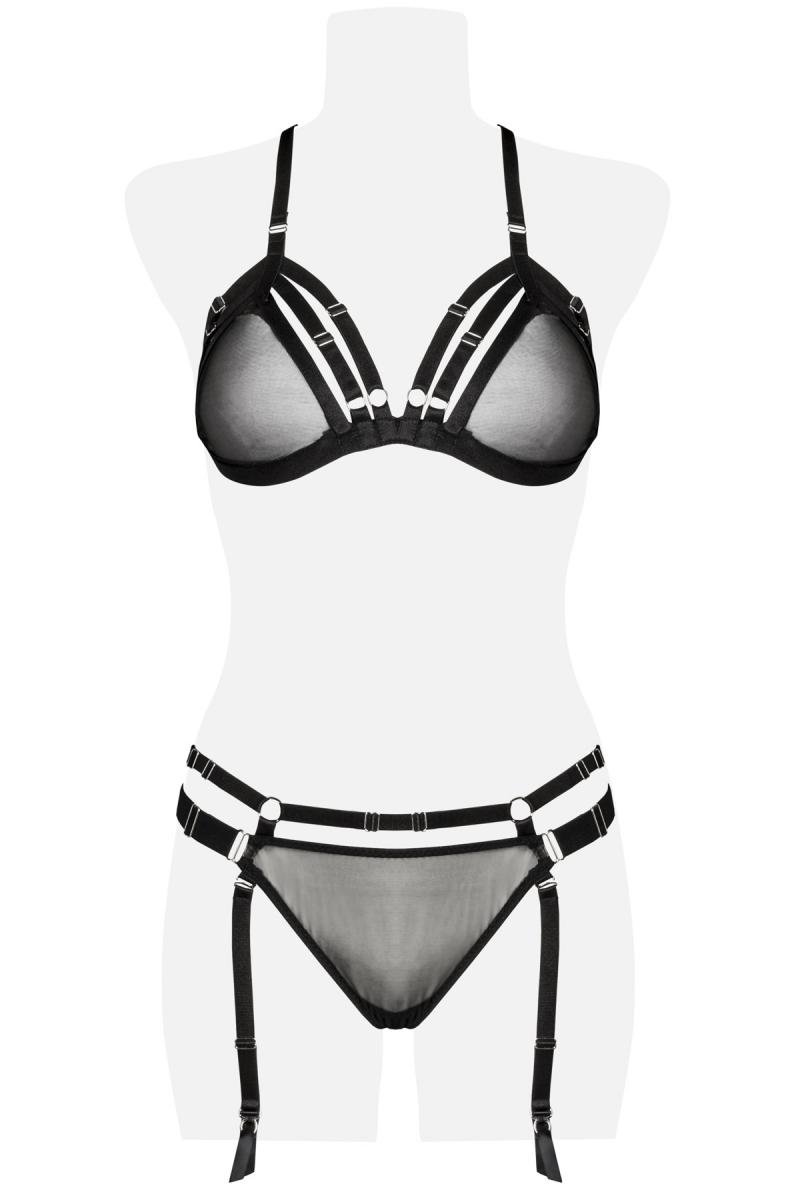 Grey Velvet - Mesh Lingerie Set - Met Straps - Jarretelgordel - Zwart - Afbeelding 4