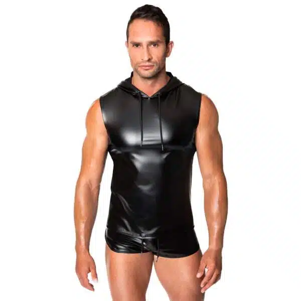 Noir Handmade - H081 - Frenzy - Sleeveless Hoodie - Capuchon - Wetlook - Zwart