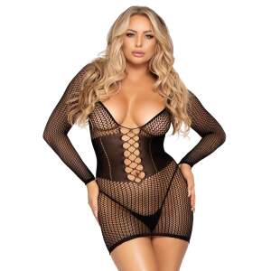 Leg Avenue - Bodystocking Jurkje - Lange Mouwen - Visnet - Zwart