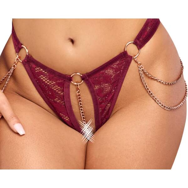 Abierta Fina - Lingerie Set - Lange Mouw - Open Kruis Slip - Kettingen - Kant - Rood - Afbeelding 3