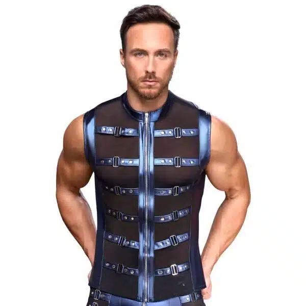 Nek - Mouwloos Shirt - Rits - Metallic - Gaas - Blauw