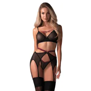 Obsessive - Novenes - Lingerie Set - Met Jarretelles - Red Straps - Gaas - Zwart
