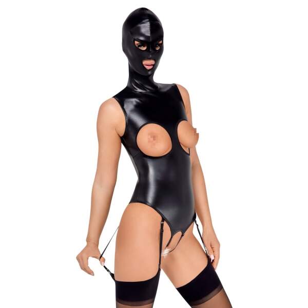 Bad Kitty - Body met Vast Hoofdmasker - Open Cups - Open Kruis - Jarretelles - PU-leer - Zwart - Afbeelding 3