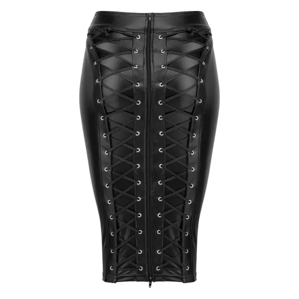 Noir Handmade Wetlook Pencil Skirt met Vetersluitingen - Afbeelding 3