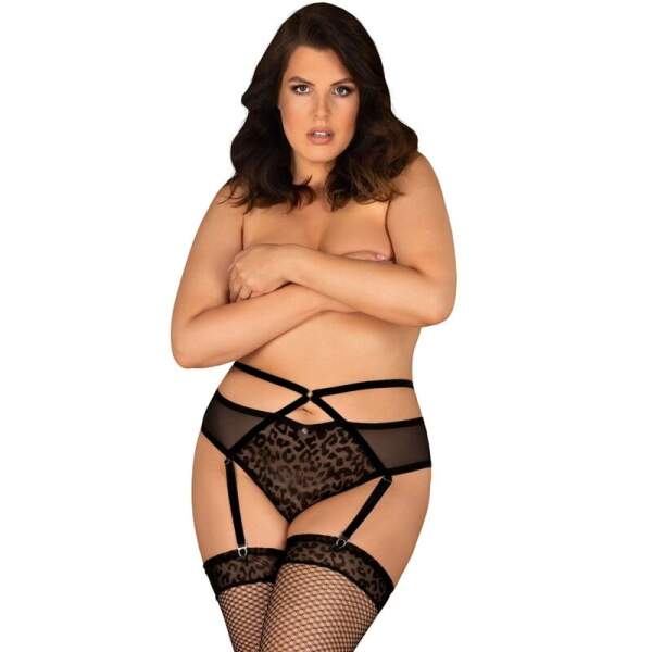 Obsessive - Jagueria Jarretelgordel met Open Kruis - Flockprint - Gaas - Plus Size - Zwart