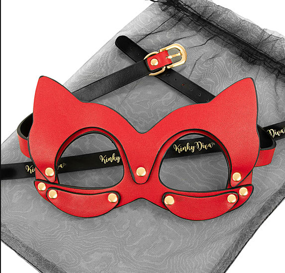 Kinky Diva - Cat Mask - BDSM - PU Leer - Verstelbaar - Rood - Goud - Afbeelding 2