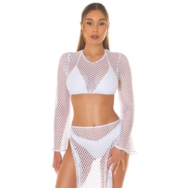 Koucla - Crop Top - Beach - Lange Mouw - Grove Visnet - Wit