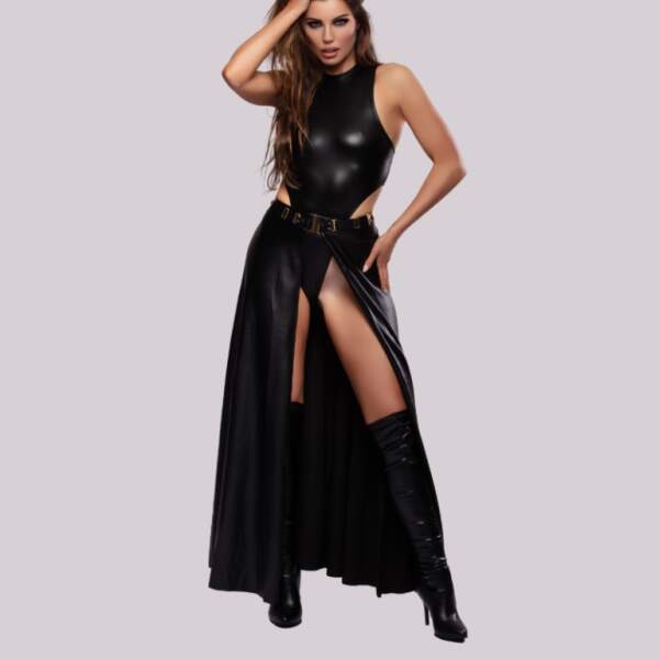 Kinky Diva - Vampress Skirt - Openvallende Rok - Gouden Accenten - Wetlook - Zwart