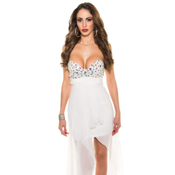 Koucla - Celeste - Crepe Jurk - met Faux Edelsteen - Wit Maat L (=M)