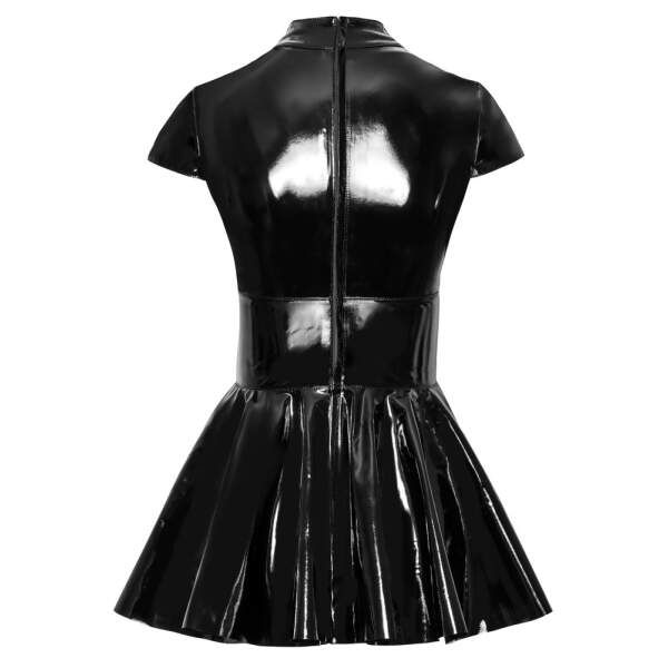 Black Level - Domina Flare - Mini Jurkje - Halter Top - Ruches - Lak - Zwart - Afbeelding 7