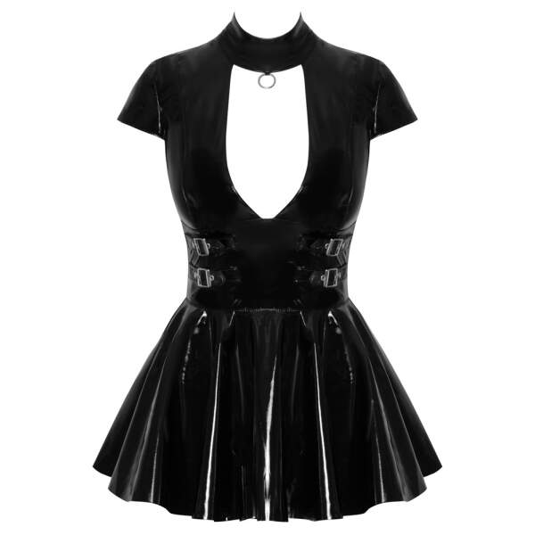 Black Level - Domina Flare - Mini Jurkje - Halter Top - Ruches - Lak - Zwart - Afbeelding 6
