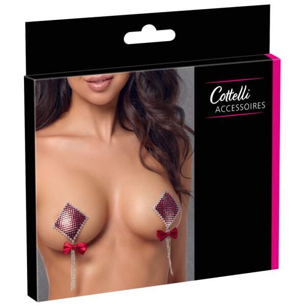 Cottelli - Tepelplakkers - Herbruikbaar - met Kwastjes - Strik - Strass - Rood - Afbeelding 5