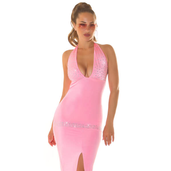 Koucla - Party dress - Lange Jurk - Halter Sluiting - Rhinestones - Roze