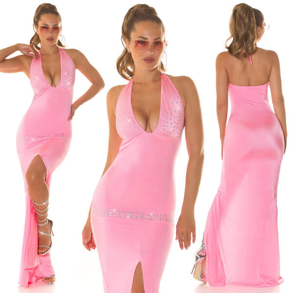 Koucla - Party dress - Lange Jurk - Halter Sluiting - Rhinestones - Roze - Afbeelding 2