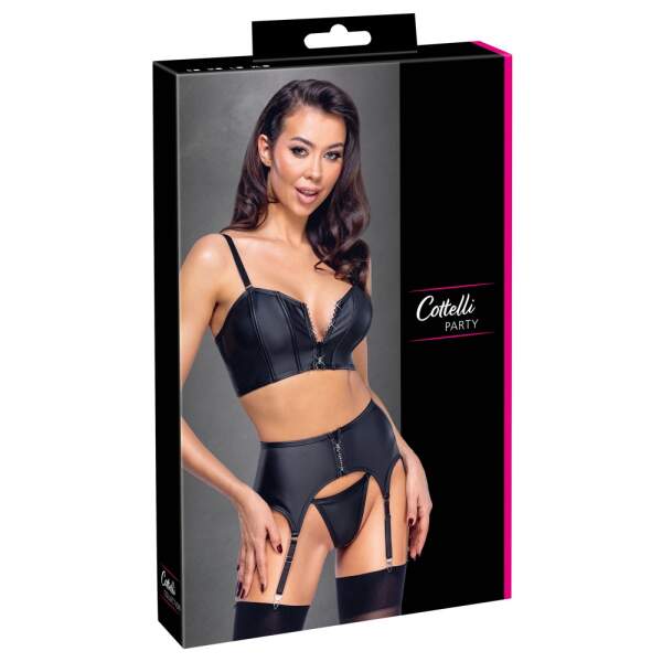 Cottelli Collection - Lingerie Set - Jarretel - Top en String - Strass Rits - Wetlook - Zwart - Afbeelding 6