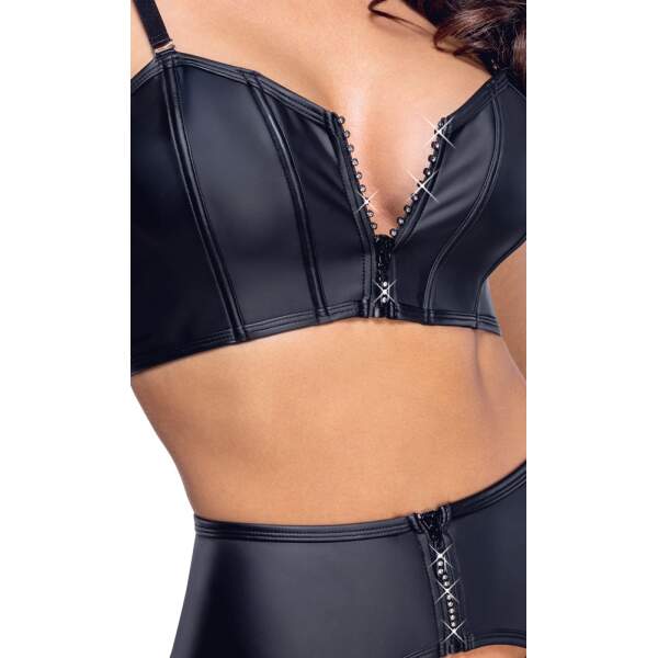 Cottelli Collection - Lingerie Set - Jarretel - Top en String - Strass Rits - Wetlook - Zwart - Afbeelding 4