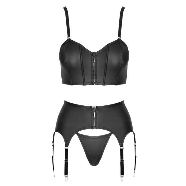 Cottelli Collection - Lingerie Set - Jarretel - Top en String - Strass Rits - Wetlook - Zwart - Afbeelding 5