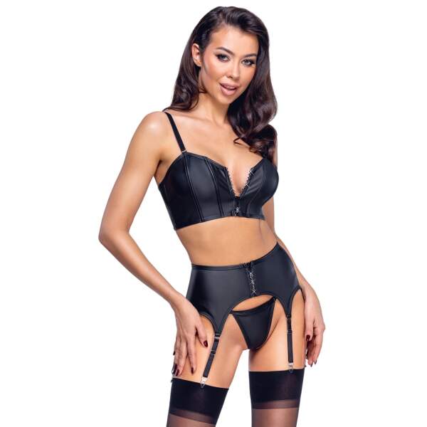 Cottelli Collection - Lingerie Set - Jarretel - Top en String - Strass Rits - Wetlook - Zwart - Afbeelding 2