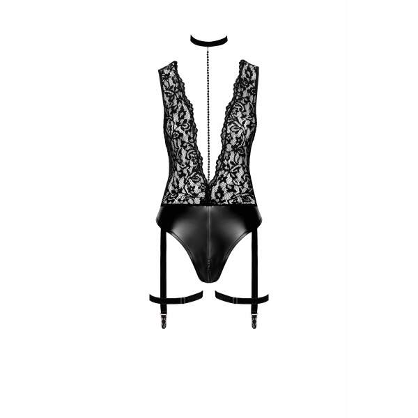 Noir Handmade - F297 Libido - Body met Choker - Parelketting - Kant - Wetlook - Zwart