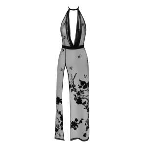 Noir Handmade - F312 Divinity - Lange Jurk - Hoge Split - Flockprint - Zwart