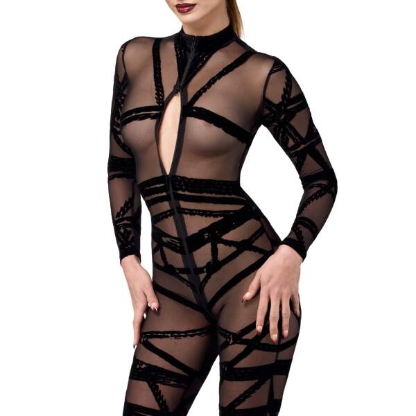 Noir Handmade - F357 - Bondesque - Catsuit - Gaas - Flockprint - Zwart - Afbeelding 4