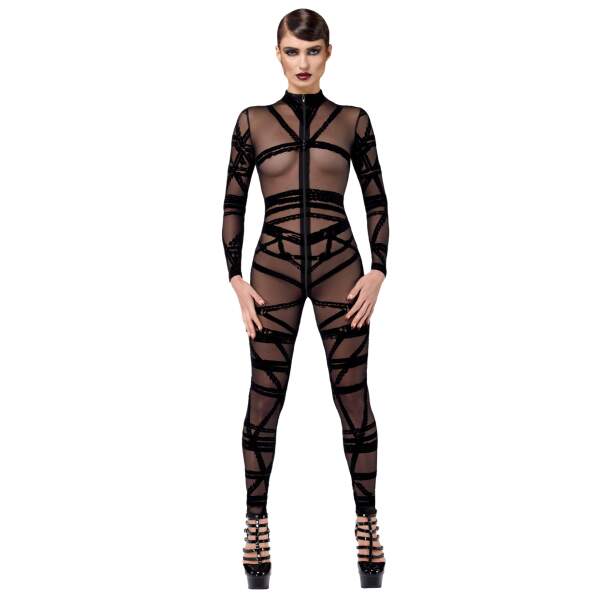 Noir Handmade - F357 - Bondesque - Catsuit - Gaas - Flockprint - Zwart - Afbeelding 2