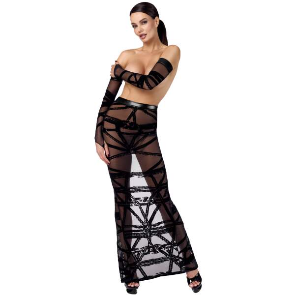 Noir Handmade - F360 - Bondesque - Rok - Hoge Split - Flockprint - Zwart - Afbeelding 2