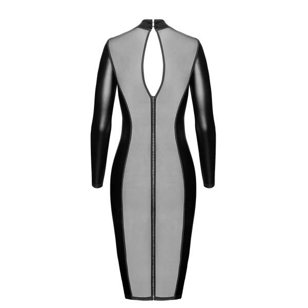 Noir Handmade - F371 - Luxuria Midi Jurk met Strass - Gaas - Wetlook - Zwart - Afbeelding 7