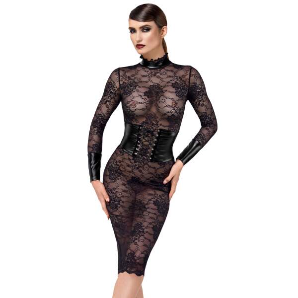 Noir Handmade - F375 - Noirelle Lace Corset Midi Jurk - Kant - Zwart - Afbeelding 2