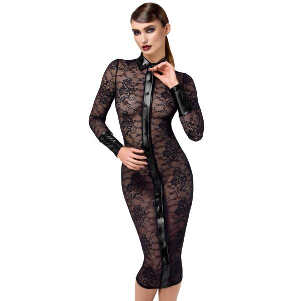 Noir Handmade - F376 - Noirelle Lace Button-up Midi Jurk - Kant - Zwart - Afbeelding 4