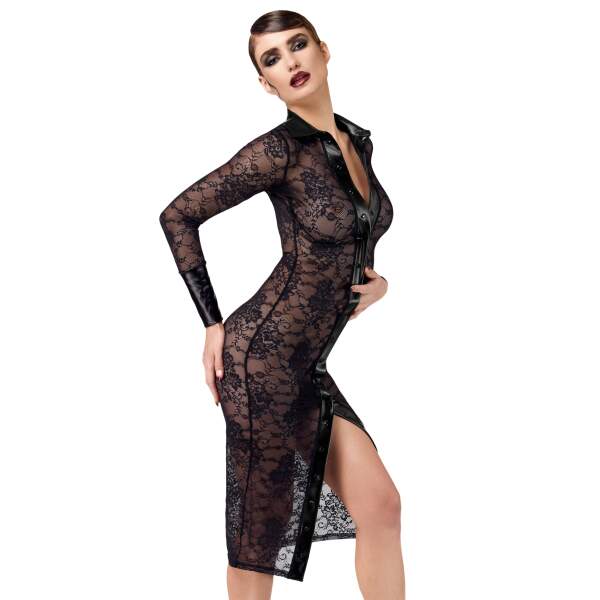 Noir Handmade - F376 - Noirelle Lace Button-up Midi Jurk - Kant - Zwart