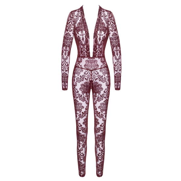 Noir Handmade - F382 - Kink Royal - Catsuit - Gaas - Flockprint - Rood - Afbeelding 10