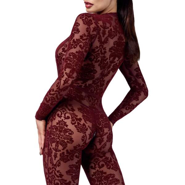 Noir Handmade - F382 - Kink Royal - Catsuit - Gaas - Flockprint - Rood - Afbeelding 5
