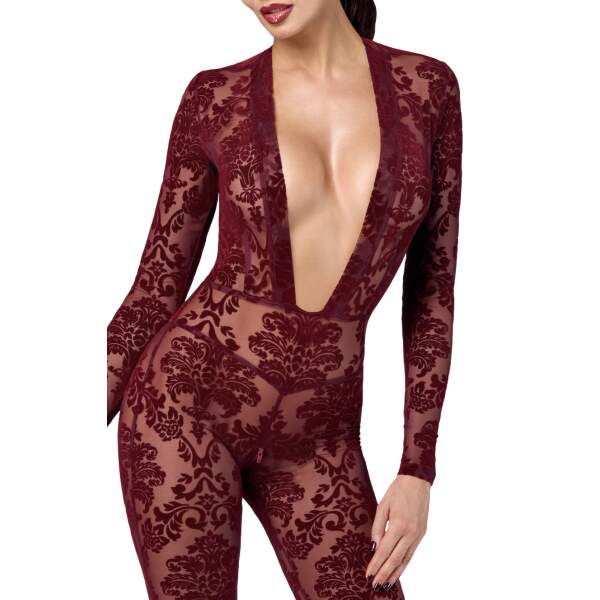 Noir Handmade - F382 - Kink Royal - Catsuit - Gaas - Flockprint - Rood - Afbeelding 4
