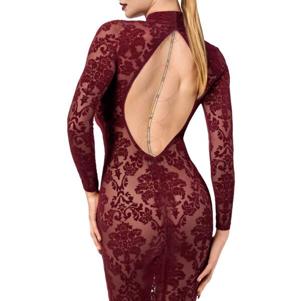 Noir Handmade - F384 - Kink Royal - Midi Jurk - Gaas - Flockprint - Rood - Afbeelding 4