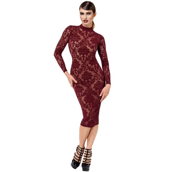 Noir Handmade - F384 - Kink Royal - Midi Jurk - Gaas - Flockprint - Rood - Afbeelding 2