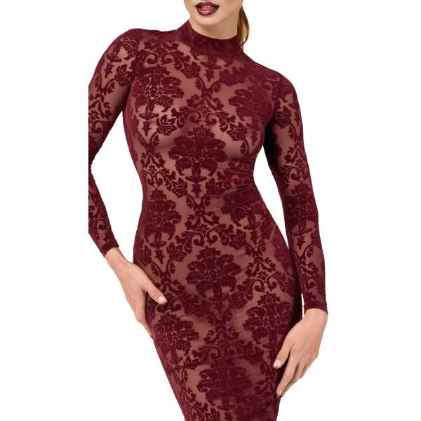 Noir Handmade - F384 - Kink Royal - Midi Jurk - Gaas - Flockprint - Rood - Afbeelding 3