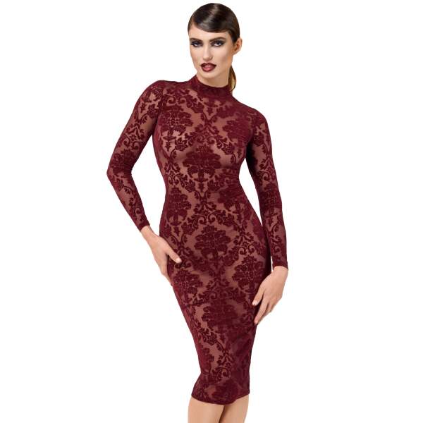 Noir Handmade - F384 - Kink Royal - Midi Jurk - Gaas - Flockprint - Rood - Afbeelding 6